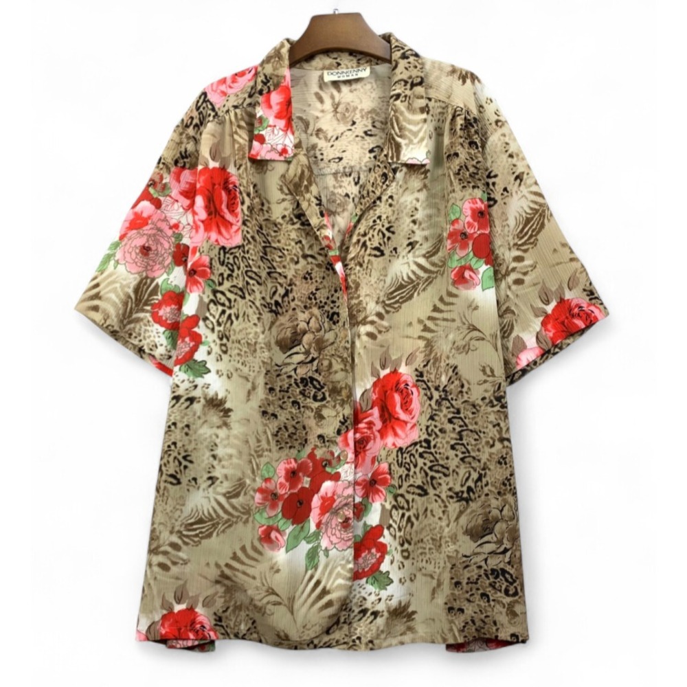 VTG DonnKenny SILKY BUTTON-UP SHIRT TOP Leopard & Pink/Red Roses Grannycore XL-P